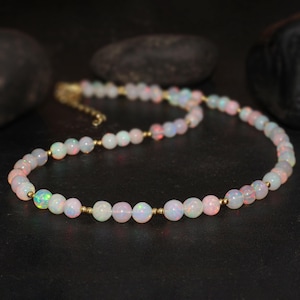 Round Smooth opal beaded Necklace for women, vintage fire opal necklace, AAA Ethiopian opal, 925 Sterling silver necklace, Gift for her