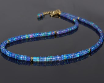 Natural Blue opal beaded necklace, Fire opal necklace, Blue opal Jewelry, Handmade opal beaded necklace, October birthstone, gift for her