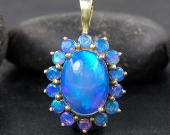 Multifire Blue Oval Opal Gemstone Pendant Necklace, Genuine Ethiopian Blue Opal Handmade Pendant, Opal Delicate Jewelry, Gift for Her