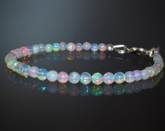 Natural white fire round opal beads bracelet, AAA Ethiopian opal beads bracelet, Genuine fire opal bracelet, 925 Sterling Silver bracelet