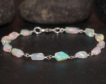 Natural fire White opal nugget bracelet for women, vintage fire opal bracelet, bracelet for her, Genuine opal bracelet, October birthstone