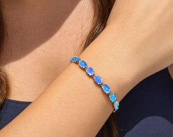 本物のブルーオパール宝石シルバーテニスブレスレット、ブルーマルチ