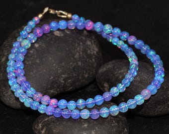 Multifire Blue Opal Round Gemstone Beaded Necklace, Ethiopian Blue Opal Handmade Necklace, October Birthstone Jewelry, Opal Gift for Her