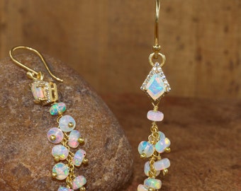 Drop and dangle cluster earrings for women, fire opal earrings for her, Genuine opal earrings, AAA Ethiopian opal, Vintage fire opal earring