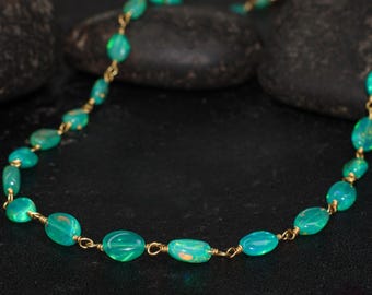 Fire Green Opal Tumble Beads Wire Wrap Necklace, Natural Ethiopian Opal Beaded Necklace, Delicate Necklace, Opal Birthstone Gift for Her