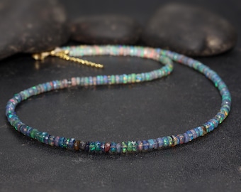 AAA Fire Black Opal Faceted Beads Necklace, Multifire Opal Gemstone Beaded Necklace, October Birthstone Jewelry, Opal Delicate Necklace