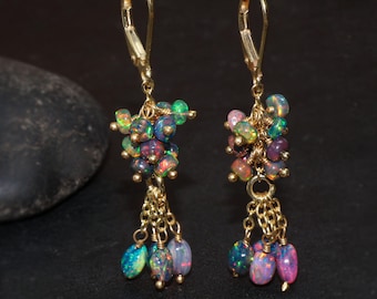 Black Opal Gemstone Beads Long Dangle Earrings, Multifire Ethiopian Opal Earrings for Women, October Birthstone, Opal Handmade Earring
