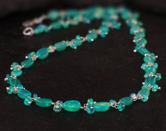 Genuine Green Opal Tumble Beads Necklace, Multifire Opal Gemstone Beads Necklace, Handmade Necklace, October Birthstone, Gift for Her