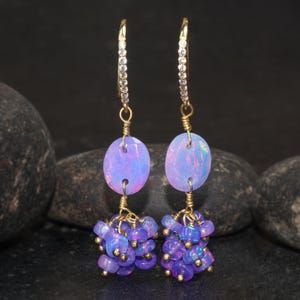 Natural Lavender Opal Gemstone Beaded Cluster Earrings, Oval Shape Fire Opal Dangle Earrings, Opal Birthstone Earrings, Gift for Her