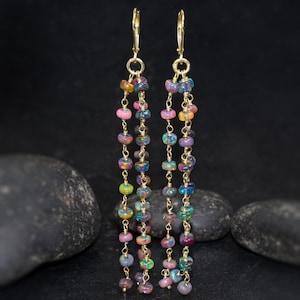 Natural fire Black opal beaded cluster wire wrap earrings for women, 925 Sterling silver or Gold Vermeil earrings, 2.5 inches long earring