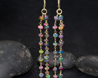 Natural fire Black opal beaded cluster wire wrap earrings for women, 925 Sterling silver or Gold Vermeil earrings, 2.5 inches long earring