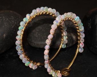 White opal beaded Hoop Earrings, Round Shape earrings, Vintage fire opal earrings, Handmade earrings, Rare opal earrings gift for her