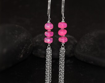 Pink Fire Opal Beads Drop and Dangle Earrings, Genuine Opal Gemstone Bead Silver Earrings, Opal Birthstone Earrings, Opal Delicate Earring