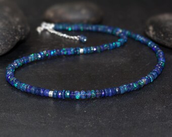 Natural Fire Black Opal Faceted Beads Necklace, Ethiopian Black Opal Beaded Necklace, Minimalist Opal Bead Necklace, Gift for Her Jewelry