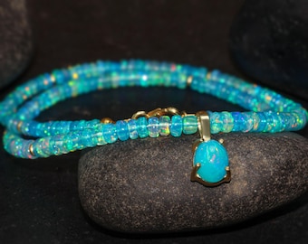 Natural Green fire Ethiopian opal beaded with oval charm pendant necklace for women, Vintage fire opal necklace, AAA Ethiopian opal necklace