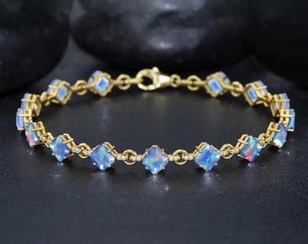 Blue Fire Opal Octagon Stone Tennis Bracelet for Her, Multifire Opal Gemstone Bracelet, Handmade Opal Bracelet, Anniversary Gift for Her