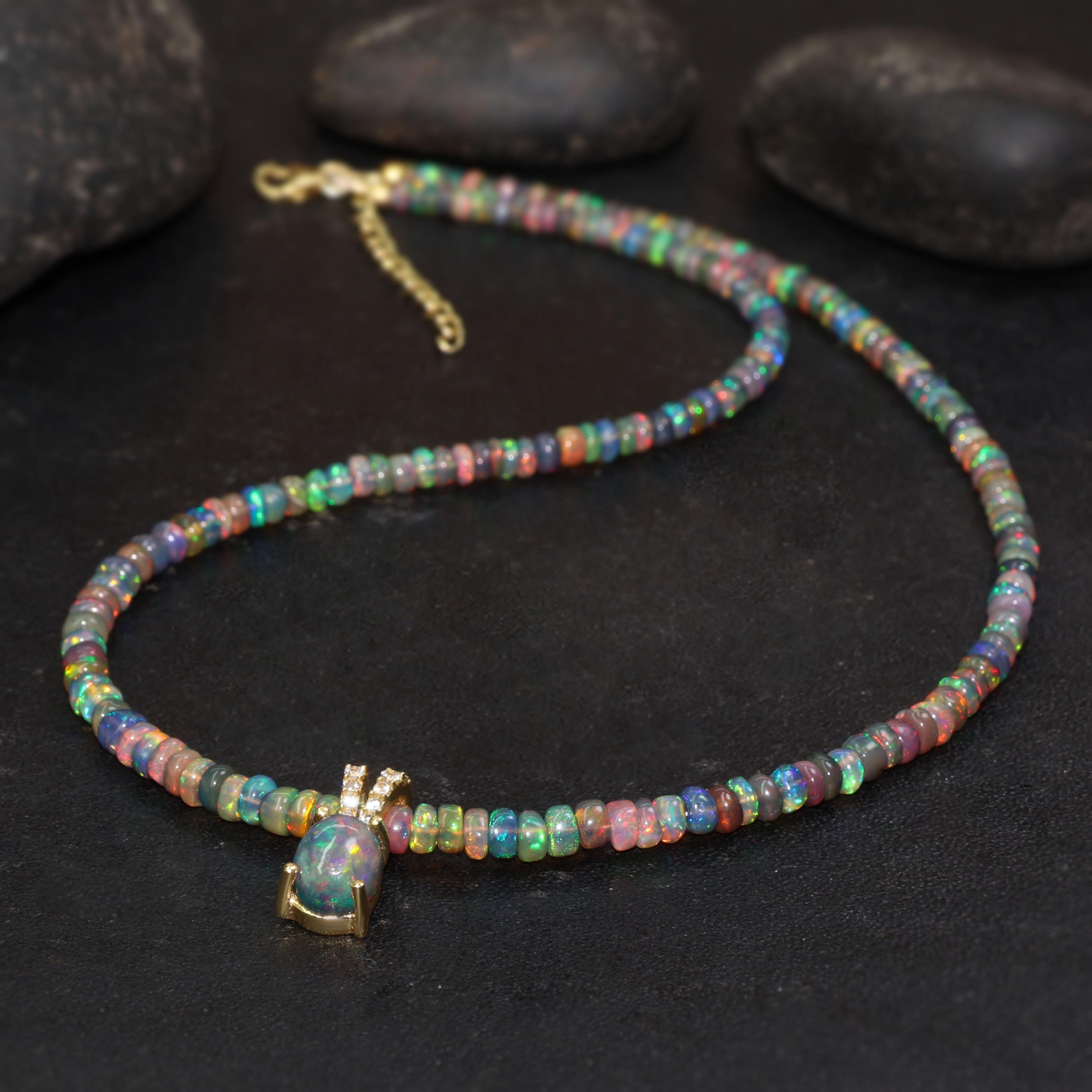 Natural Black Opal Gemstone Charm Beaded Necklace, Multifire Opal Beaded Necklace for Women, October Birthstone, Opal Handmade Necklace