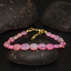 Natural Pink Opal Tumble Gemstone Beads Bracelet, Multifire Ethiopian Opal Handmade Beads Bracelet, October Birthstone Jewelry, Gift for Her