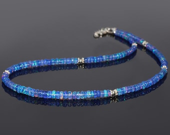 Genuine Blue fire opal Beaded Necklace for women, fire opal Necklace, Silver Opal Beads Necklace, 925 Sterling Silver Handmade necklace