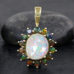 Ethiopian White Opal Gemstone Pendant Necklace, Natural Multifire Black Round Opal Pendant, Opal Handmade Jewelry, October Birthstone Gift