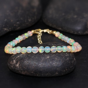 Multifire Opal Gemstone Beaded Bracelet, Ethiopian Opal Beads Gold Bracelet, Natural Opal Handmade Bracelet, October Birthstone Jewelry