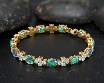 Fire Black Opal Gemstone 925 Silver Tennis Bracelet, Handmade jewelry, Dainty bracelet, Opal bracelet, Womens bracelet, Gift for her
