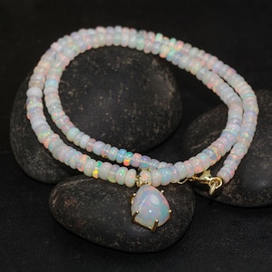 Ethiopian Opal Gemstone Beaded Necklace, White Opal Stone Charm Necklace, Multifire Opal Beads Handmade Jewelry, October Birthstone Necklace