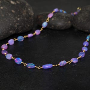 Lavender Opal Tumble Beads Wire Wrap Necklace, Genuine Ethiopian Opal Beads Necklace, Handmade Necklace, October Birthstone, Gift for Her
