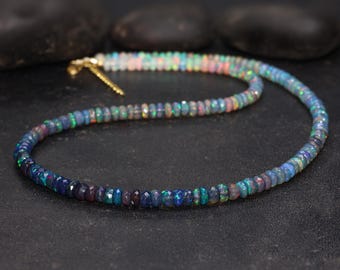 Natural Black Opal Faceted Beads Shaded Necklace, Black Fire Opal Stone Beaded Necklace, Opal Delicate Necklace, October Birthstone Jewelry