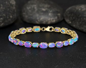 AAA Lavender Opal Oval Gemstone Silver Tennis Bracelet, Mutlfire Opal Gemstone Sterling Silver Bracelet, October Birthstone, Gift for Her