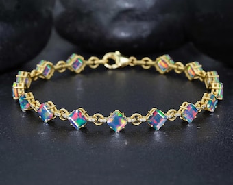 AAA Black Opal Octagon Stone Silver Tennis Bracelet, Multifire Opal Gemstone Gold Bracelet, Handmade Opal Bracelet, Anniversary Gift for Her