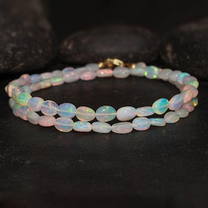 Natural White Opal Tumble Gemstone Beaded Necklace, Ethiopian Multifire Opal Handmade Necklace, October Birthstone Jewelry, Gift for Mom