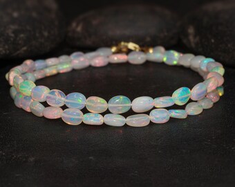 Natural White Opal Tumble Gemstone Beaded Necklace, Ethiopian Multifire Opal Handmade Necklace, October Birthstone Jewelry, Gift for Mom
