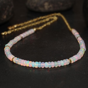 Rondelle smooth opal beaded Gold Vermeil chain necklace for women, Vintage fire opal necklace, AAA Ethiopian opal necklace gift for her