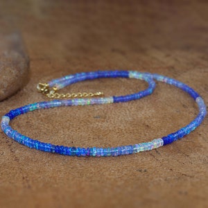 Natural blue fire Shaded Ethiopian opal beaded necklace for women, Vintage fire opal jewelry, 925 Sterling silver necklace-Genuine fire opal
