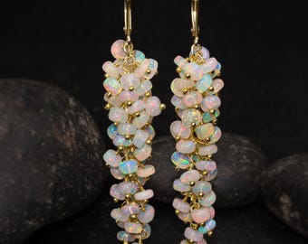 May include: A pair of gold dangle earrings with a cluster of iridescent white opal beads. The earrings are long and feature a delicate gold chain.