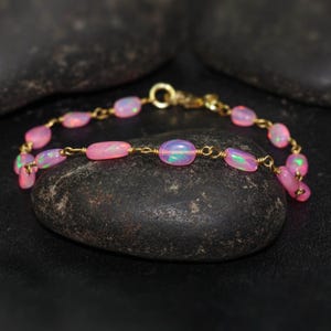 Pink Fire Opal Tumble Beads Wire Wrap Bracelet, Genuine Multifire Opal Beaded Bracelet, Opal Handmade Bracelet, October Birthstone Jewelry