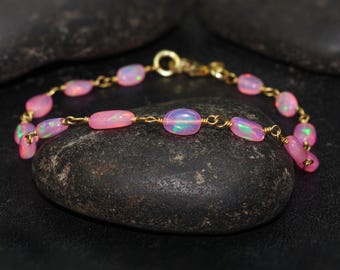Pink Fire Opal Tumble Beads Wire Wrap Bracelet, Genuine Multifire Opal Beaded Bracelet, Opal Handmade Bracelet, October Birthstone Jewelry