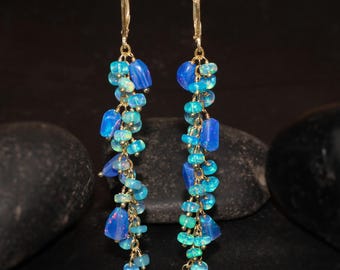 Vintage Blue Tumble or Green Multi fire Rondelle beads cluster earrings for women, Natural fire opal earrings gift for her, Beaded jewelry