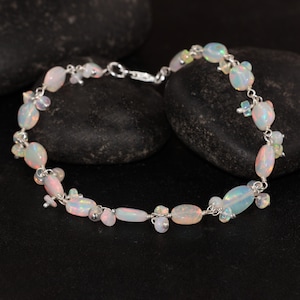 Ethiopian White Opal Gemstone Tumble Beads Bracelet, Natural Opal Bead Handmade Bracelet, October Birthstone, Delicate Jewelry, Gift for Her