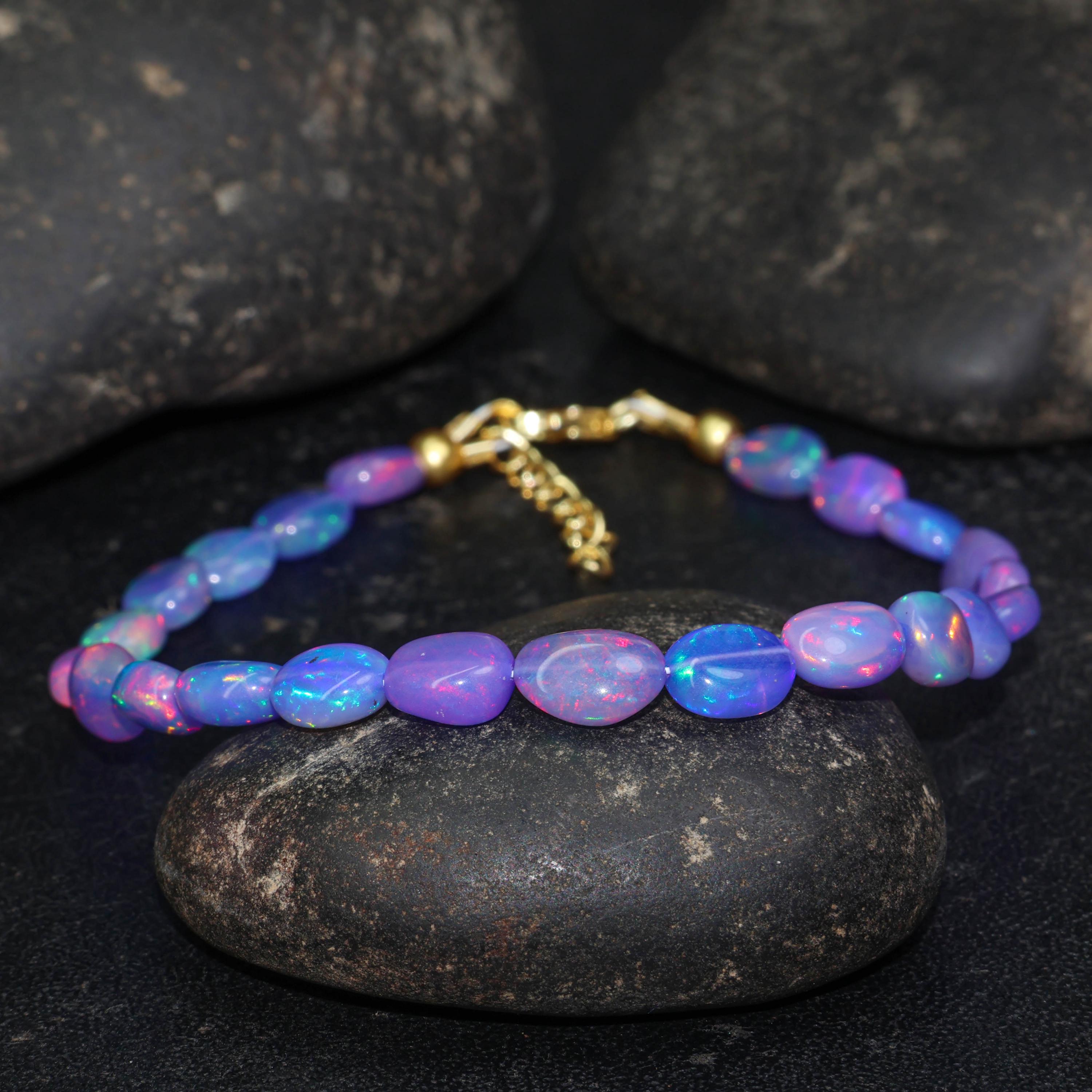 ラベンダーオパールタンブルジェムストーンビーズブレスレット、天然