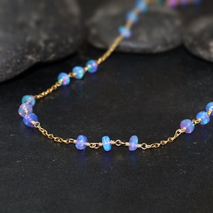 Lavender Fire Opal Three Stone Necklace, Natural Opal Wire Wrap Style Chain Necklace, Ethiopian Opal Bead Necklace, Minimalist Necklace