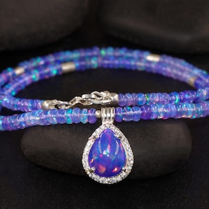 AAA Lavender Opal Pear Stone Silver Charm Necklace, Natural Fire Opal Smooth Beads Necklace, October Birthstone Jewelry, Gift for Her