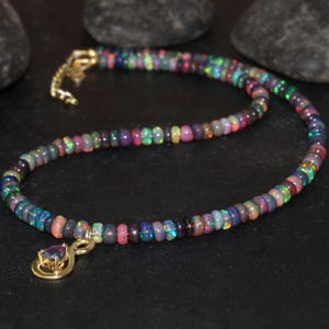 Black rondelle smooth opal beaded with Natural fire pear opal pendant necklace for women, Handmade necklace, AAA Ethiopian opal necklace