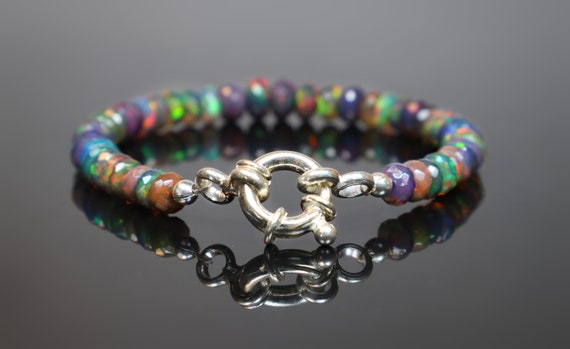Natural Black faceted opal beaded bracelet, Toggle clasp bracelet, Fire opal bracelet, October birthstone, 925 Sterling Silver, Gift for her