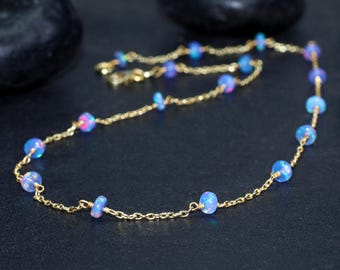 Natural blue fire Ethiopian opal beaded gold chain wire wrap necklace for the best of your special love, October birthstone opal jewelry