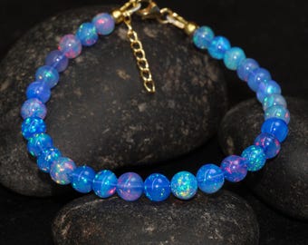 Natural Blue Opal Round Gemstone Beaded Bracelet, Ethiopian Blue Opal Handmade Bracelet, October Birthstone Jewelry, Opal Gift for Her