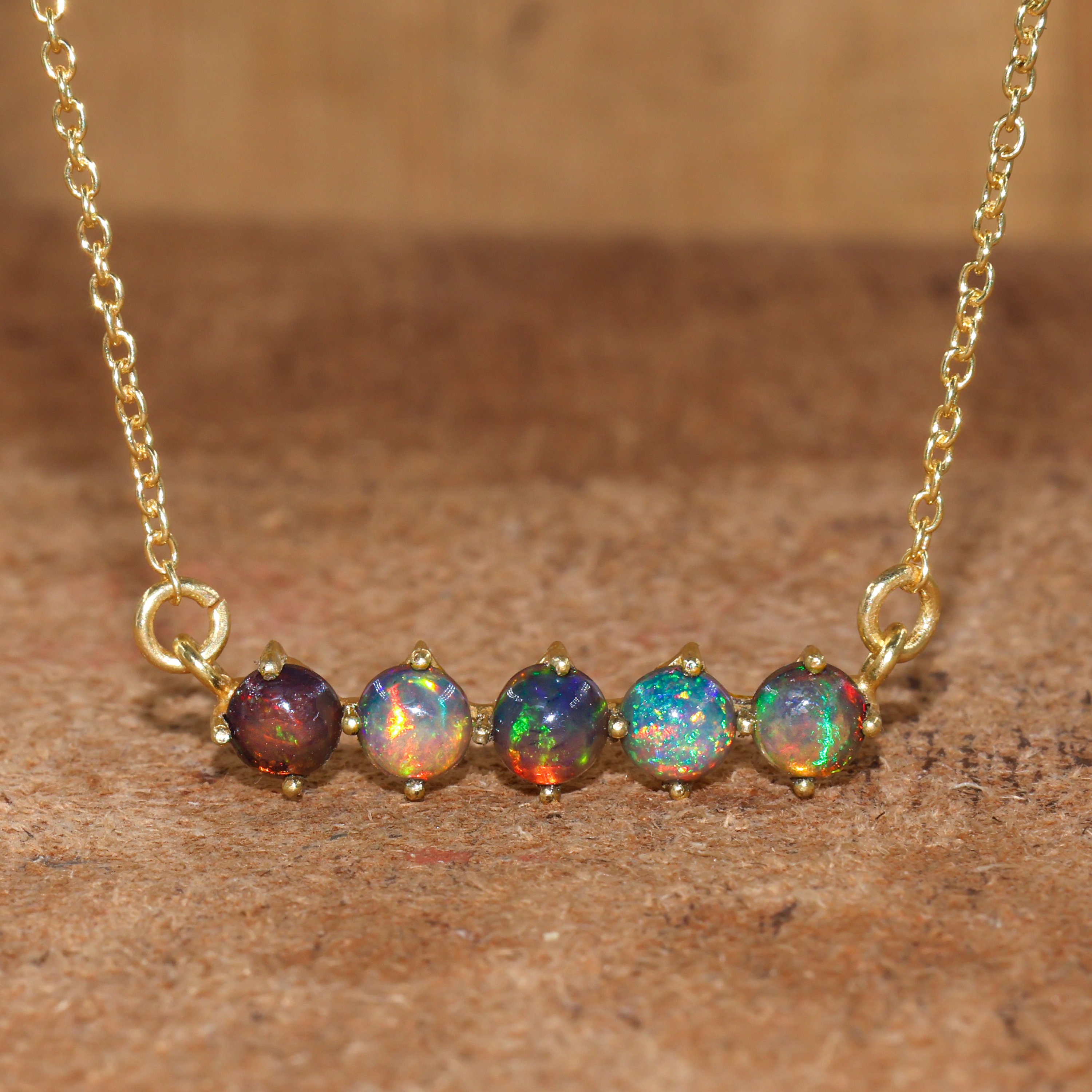 Round Black fire Ethiopian opal bar pendant necklace for women, AAA Ethiopian opal jewelry, Genuine fire opal necklace, 5 opal stone pendant