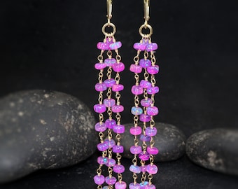 Natural fire Purple Opal beaded cluster wire wrap earrings for women, 925 Sterling silver or Gold Vermeil earrings, Vintage fire opal bead