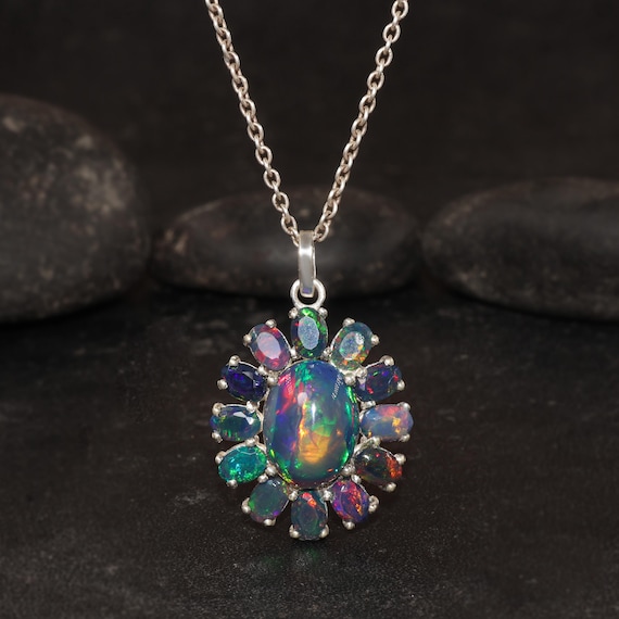 Fire Black Opal Gemstone Charm Pendant Necklace, Genuine Black - Main Image